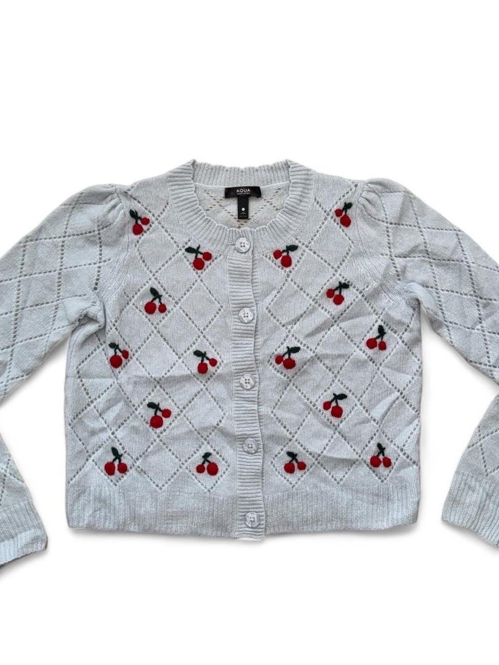 Aqua Light Blue Cherry Embroidered 100% Cashmere Cardigan